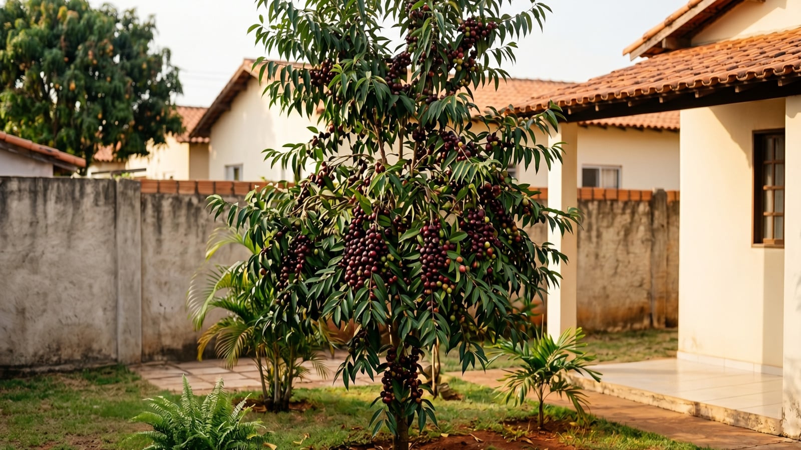 Jardim com pé de camu-camu no fundo de casa