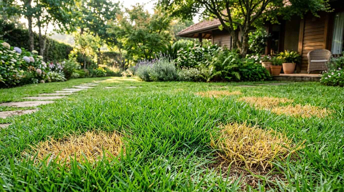 Gramado verde com pequenas áreas amareladas e secas