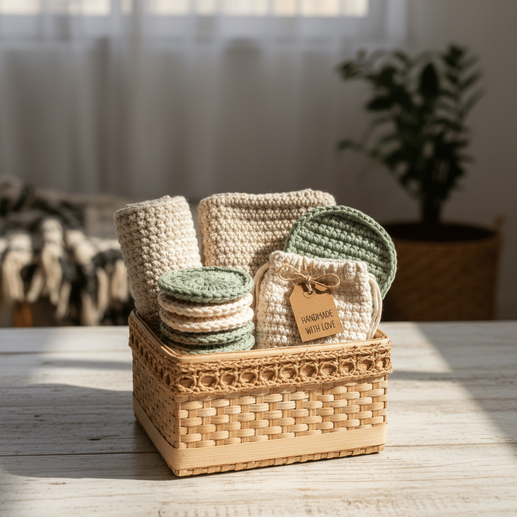 kit spa em crochê organizado em cachepô com peças delicadas para autocuidado