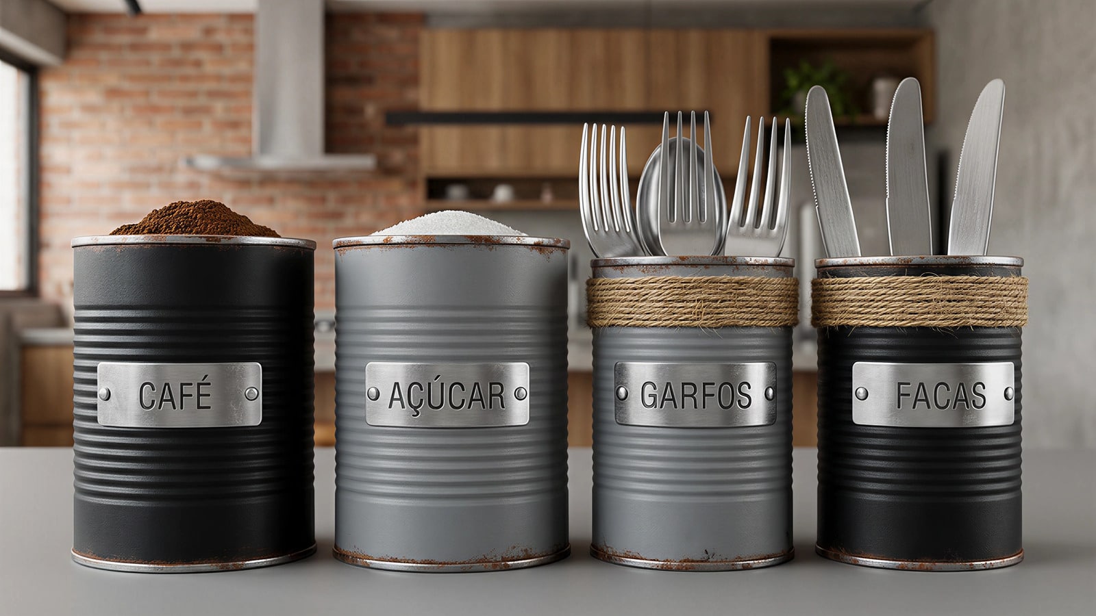 Latas reutilizadas pintadas em preto fosco e cinza
