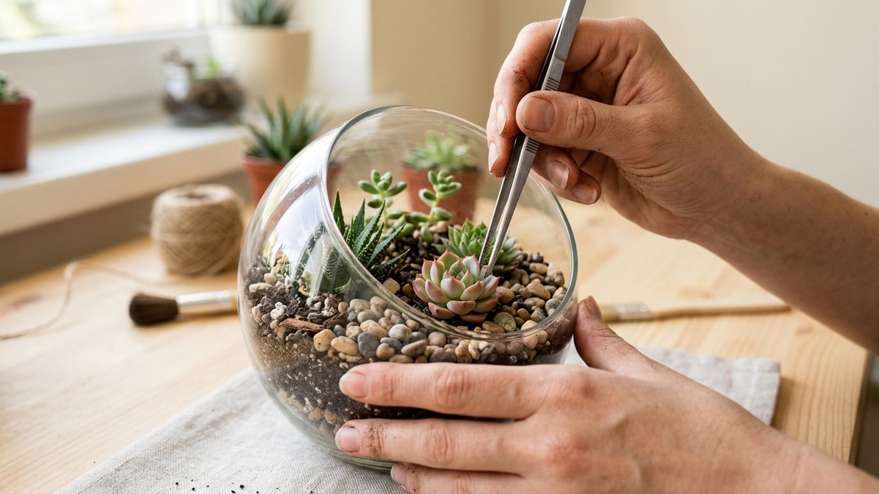 Mãos montando jardim em miniatura