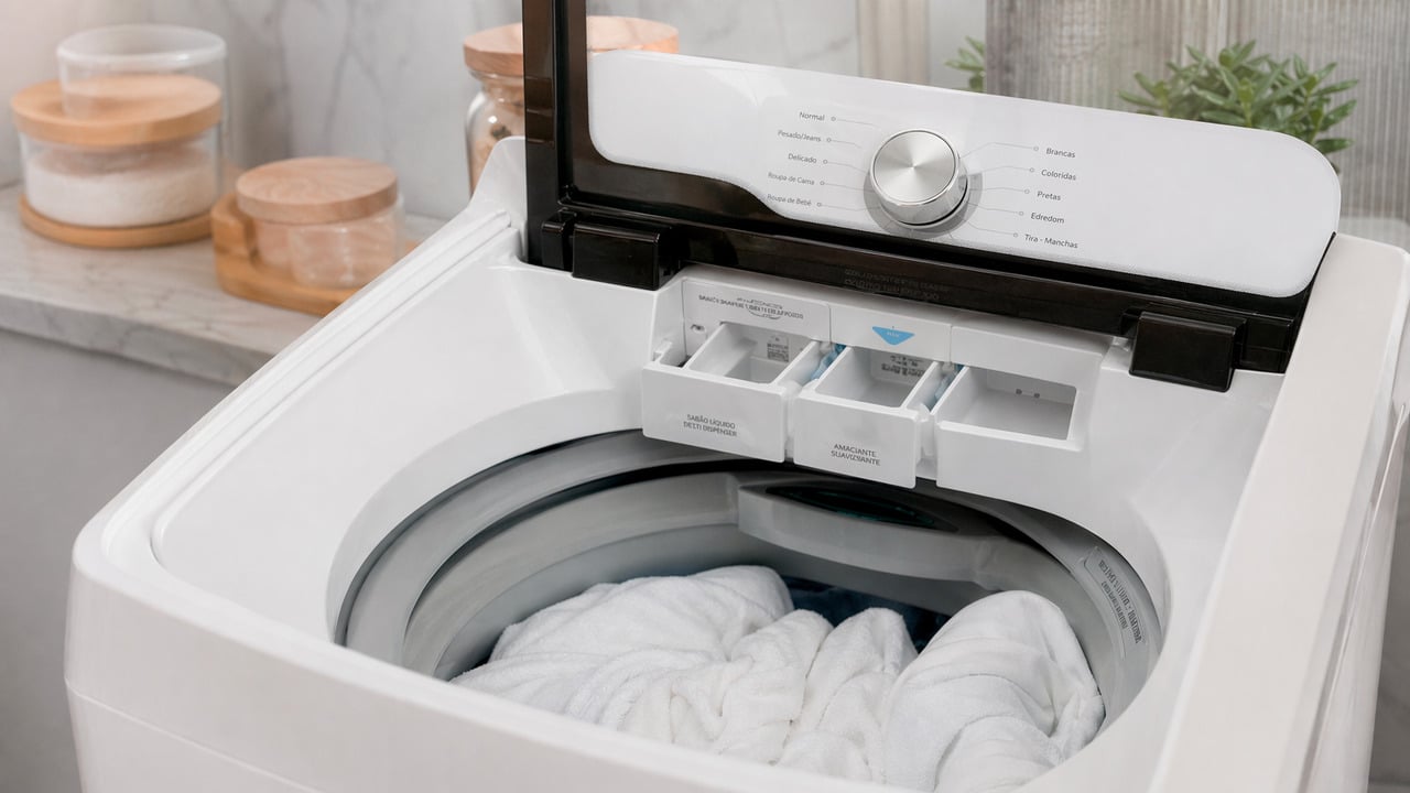 Maquina de lavar aberta com roupa de cama dentro.