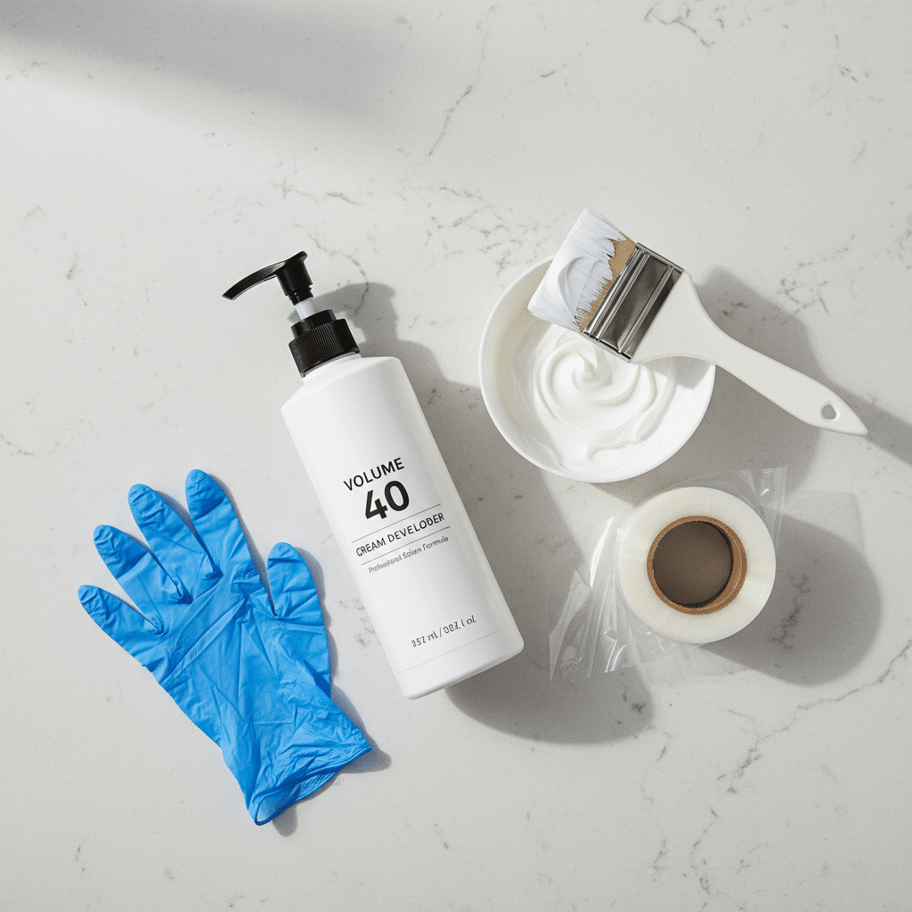 "Fotografia de estilo flat-lay produzida por IA para o site Katia Ribeiro, mostrando o kit necessário para a restauração de eletrodomésticos amarelados."