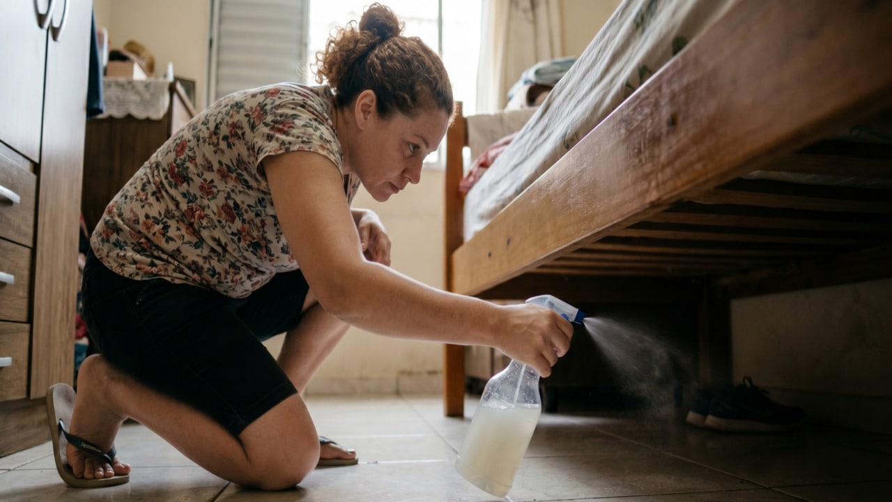 Mulher borrifando mistura com vinagre e água embaixo da cama após a limpeza de casa