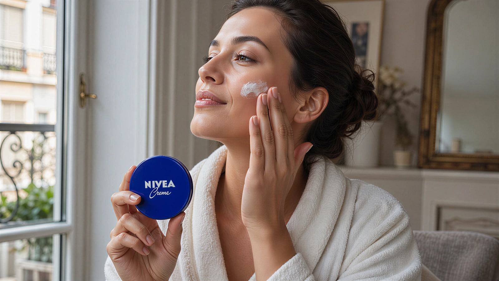 Mulher aplicando creme da nivea no rosto