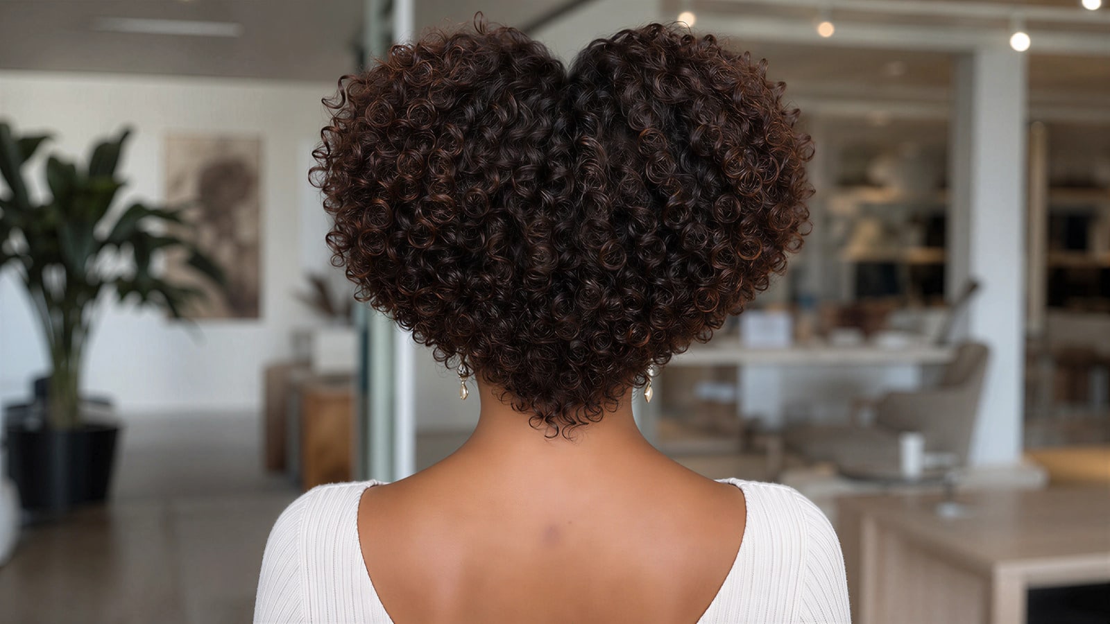 Mulher de costas para mostrar o corte do cabelo cacheado em formato de coração