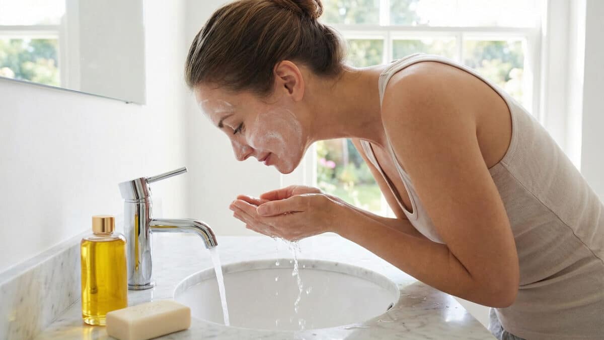Mulher lavando o rosto com sabonete facial.