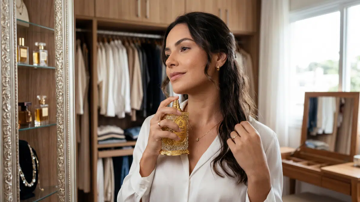 Mulher aplicando perfume