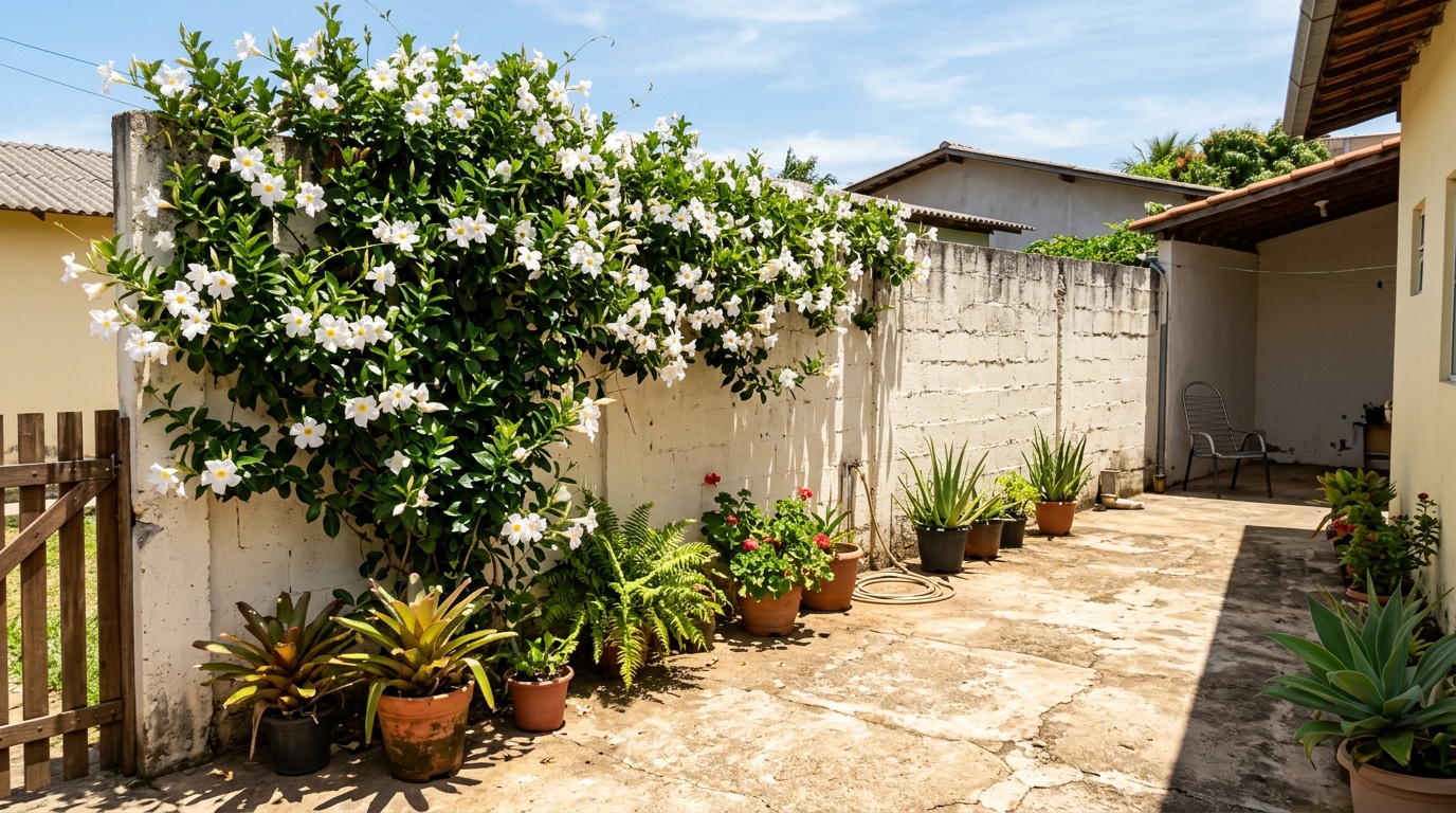Muro de casa coberto por dipladênia com flores brancas