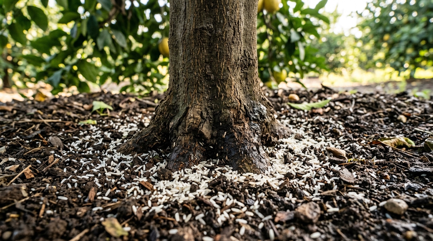 Arroz cru sendo colocado na terra de um pé de limão com frutos