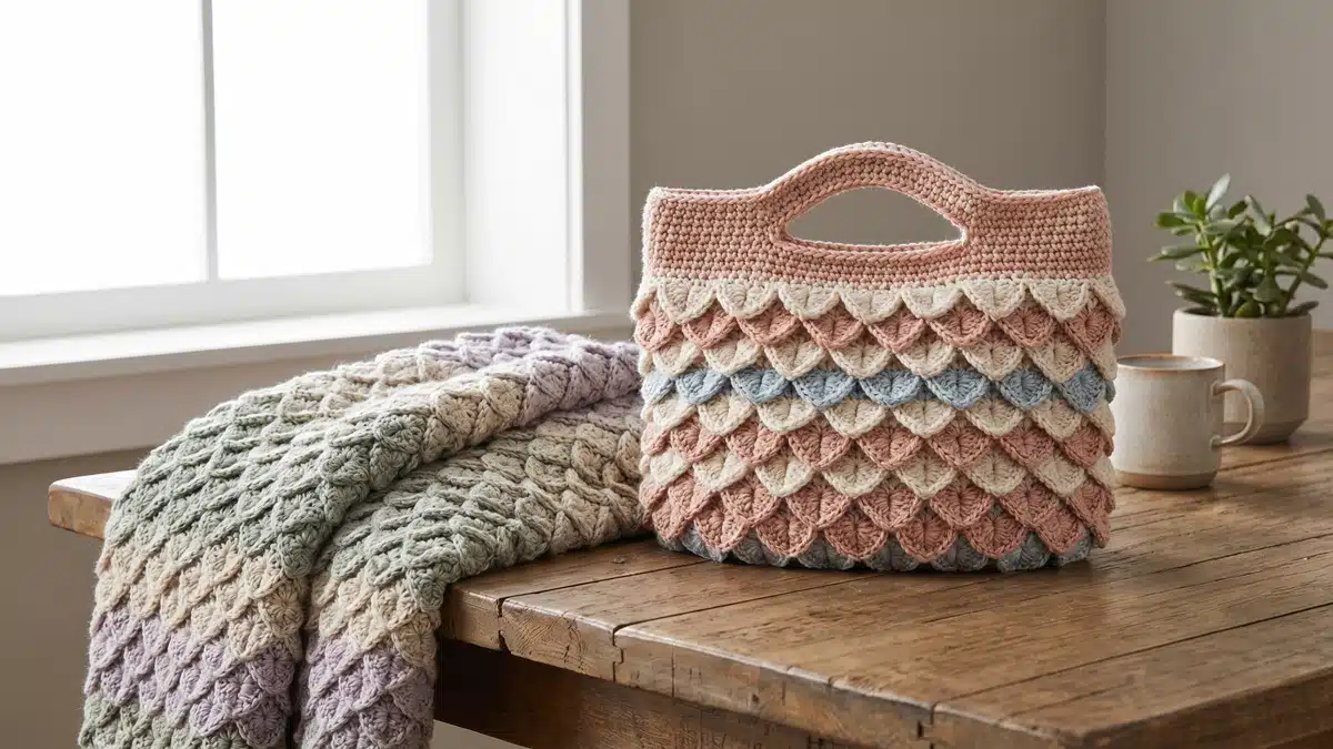 Bolsa e manta artesanais em croche com ponto escama de crocodilo exibindo textura tridimensional em tons neutros