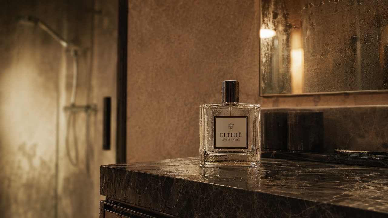 Perfume em bancada no banheiro com vapor