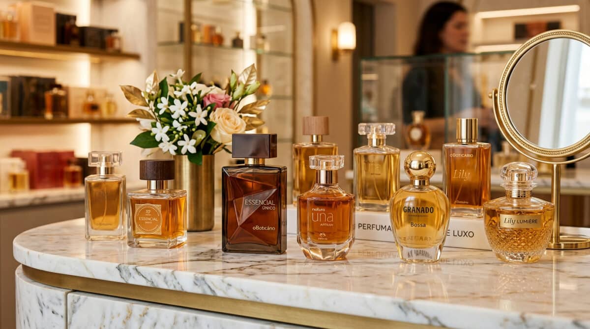 Frascos elegantes de perfumes nacionais de luxo.
