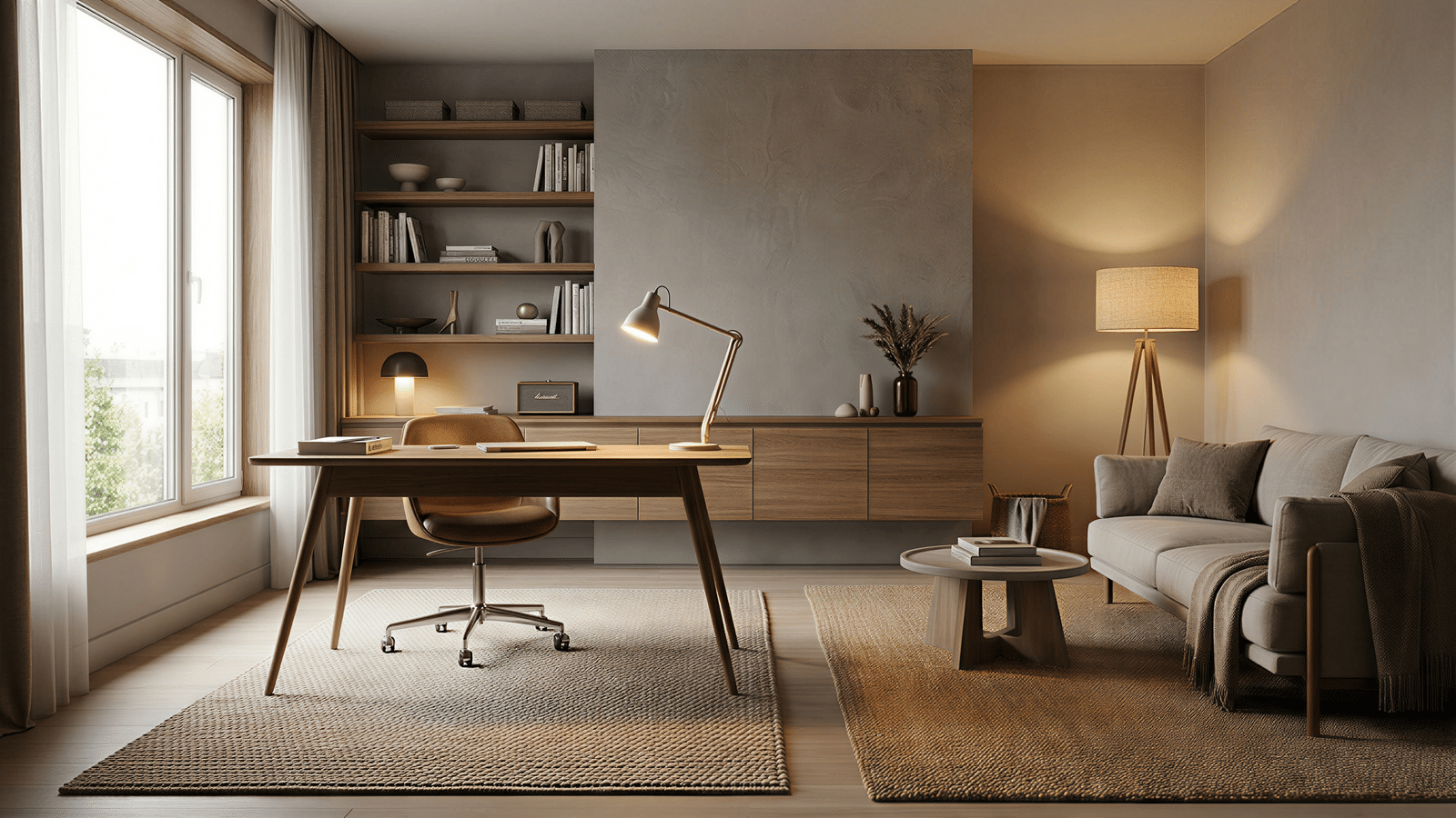 Sala multifuncional elegante, destacando a iluminação estratégica, os elementos de trabalho e descanso