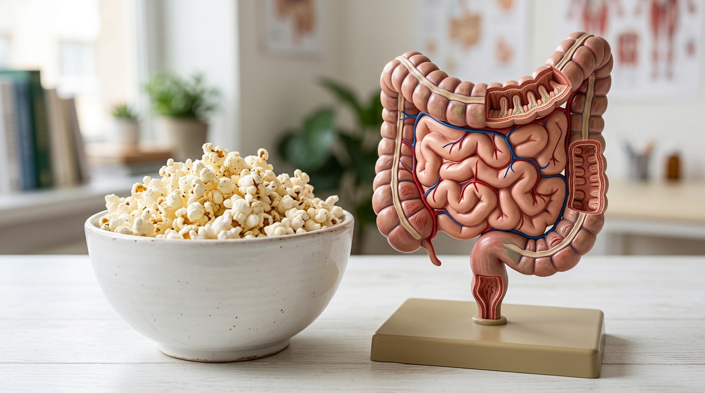 Pipoca ao lado de modelo de intestino