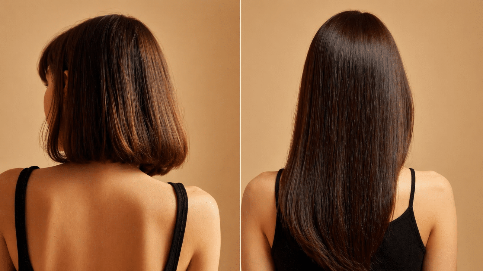 foto esquerda mulher de costas com cabelo liso curto. foto a direita, mulher com cabelo liso longo