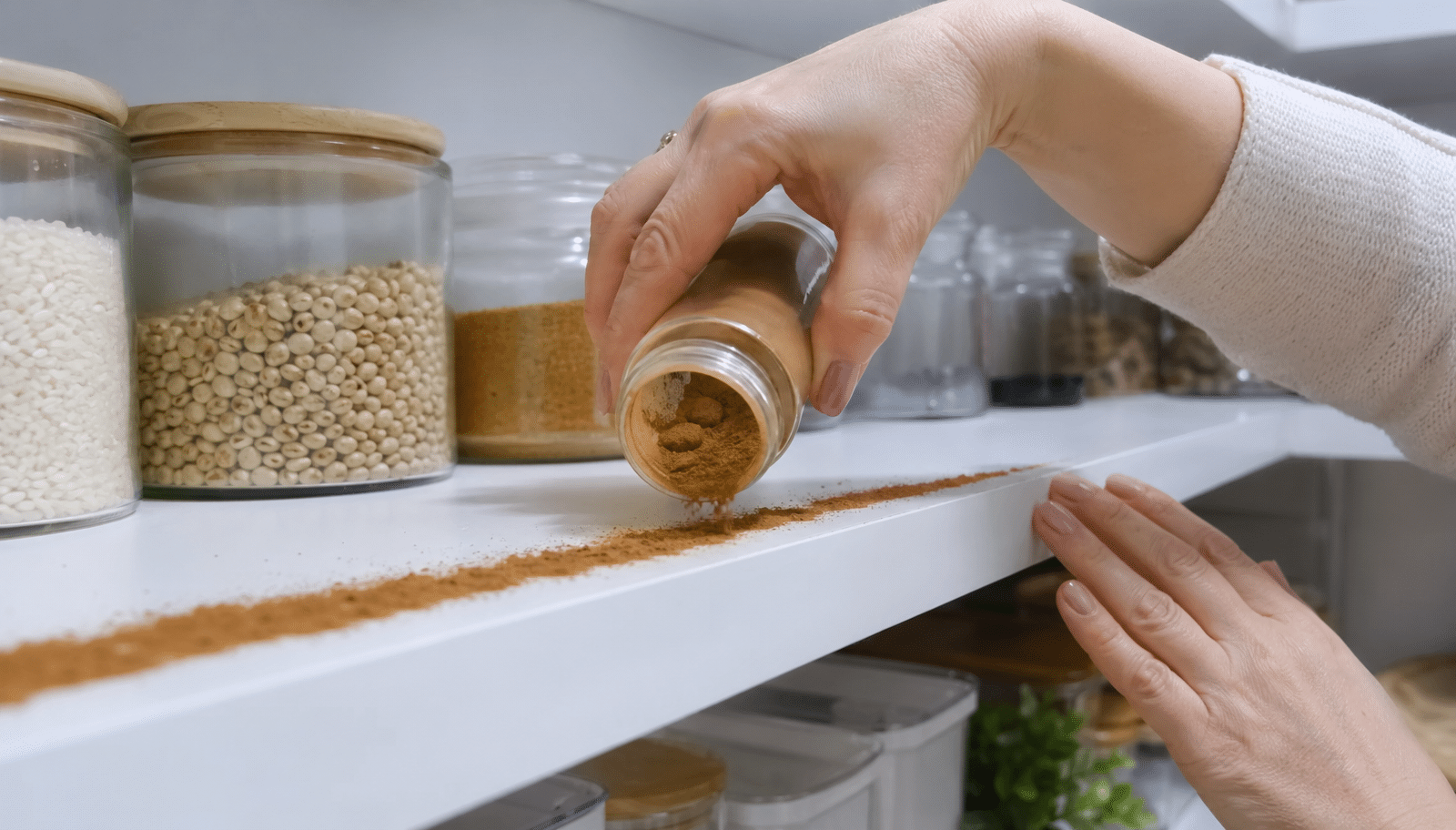Canela em pó sendo espalhada formando uma linha de proteção na prateleira