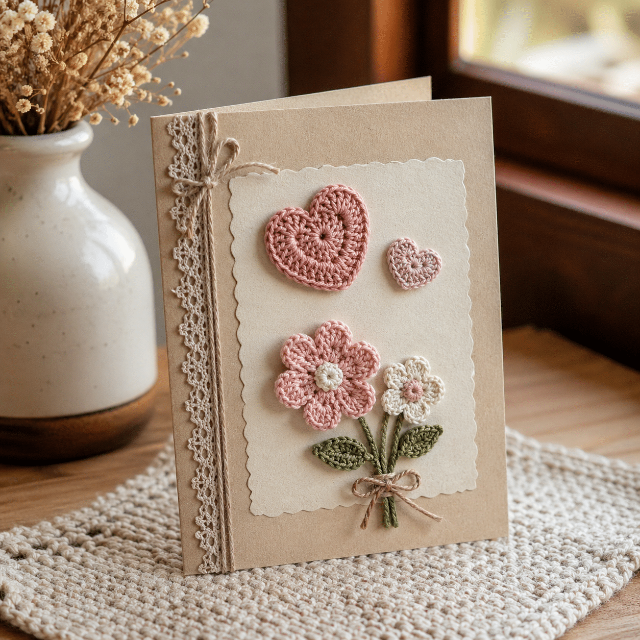 cartão artesanal com aplique de crochê em formato de flores e coração feito à mão