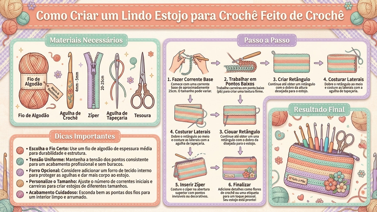 Infografico educativo colorido ensinando passo a passo como criar estojo de croche para guardar materiais com ilustracoes de materiais necessarios e dicas praticas