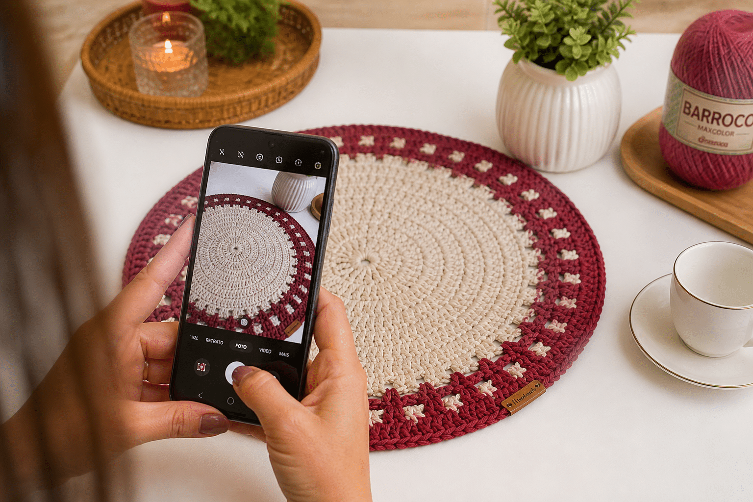 Pessoa fotografando sousplat de crochê com smartphone, destacando detalhes dos pontos e cores em mesa decorada com luz natural