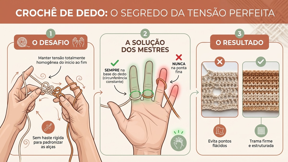 Infografico educativo sobre tecnica de croche de dedo mostrando como manter tensao homogenea usando base do dedo em vez da ponta