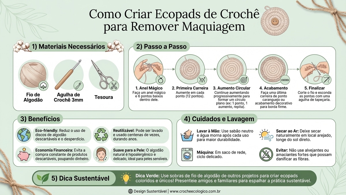 Infografico completo em portugues ensinando passo a passo como criar ecopads de croche reutilizaveis para remover maquiagem