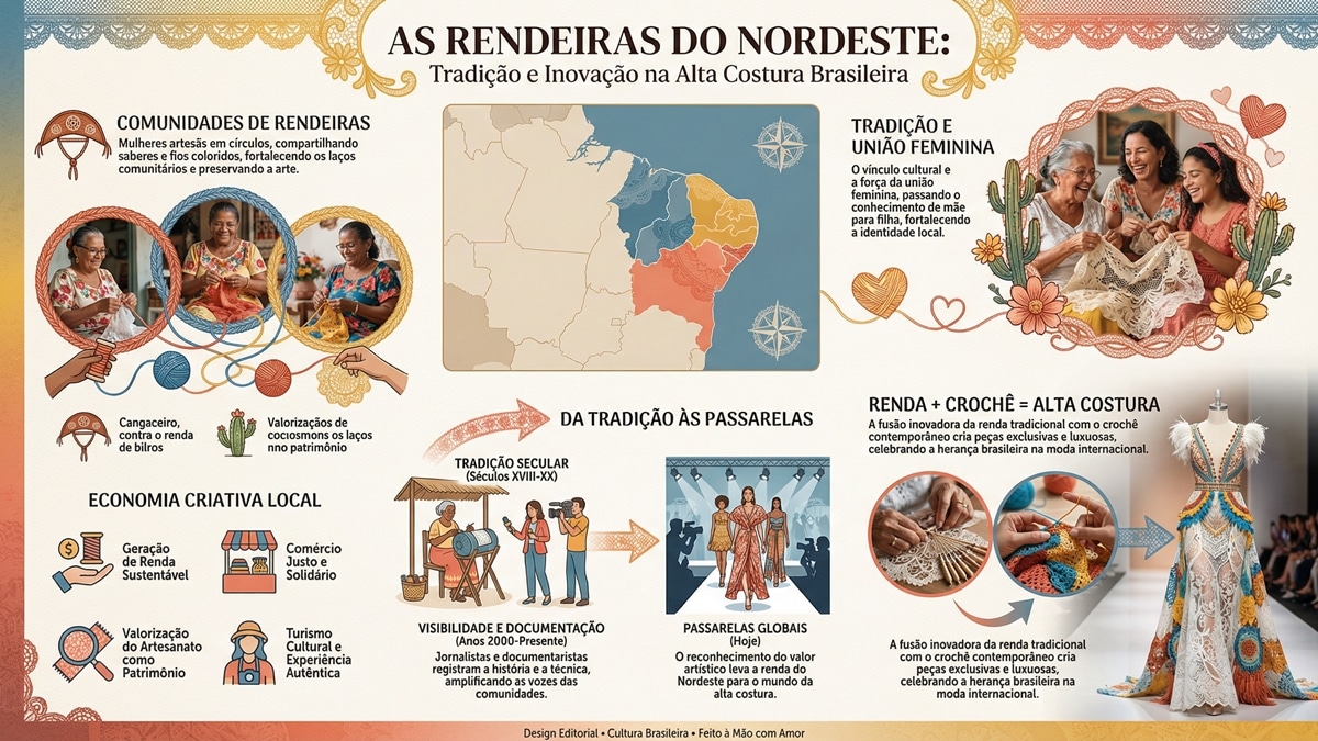 Infografico sobre tradicao das rendeiras do Nordeste brasileiro, mostrando estados de Alagoas, Paraiba e Ceara, economia criativa e influencia na alta costura