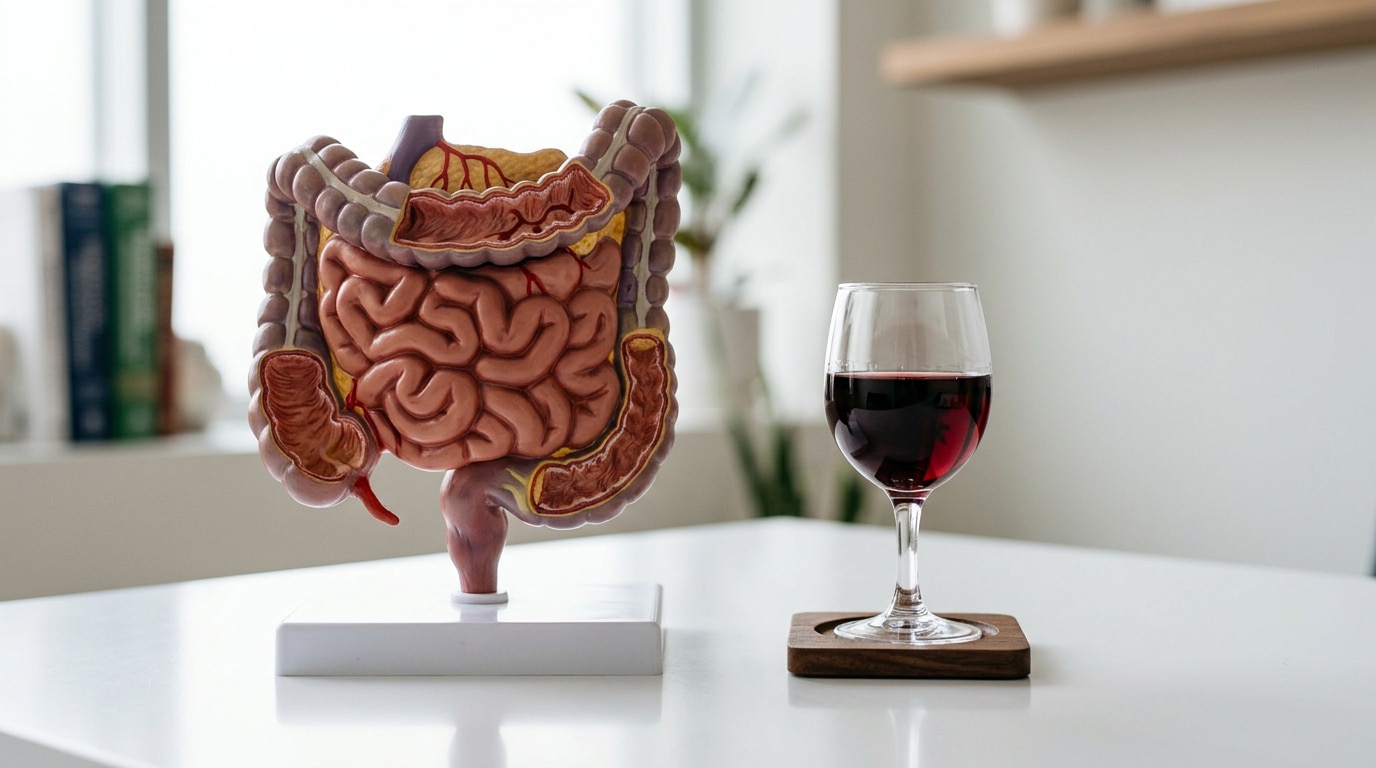 Modelo de intestino ao lado de taça de vinho tinto