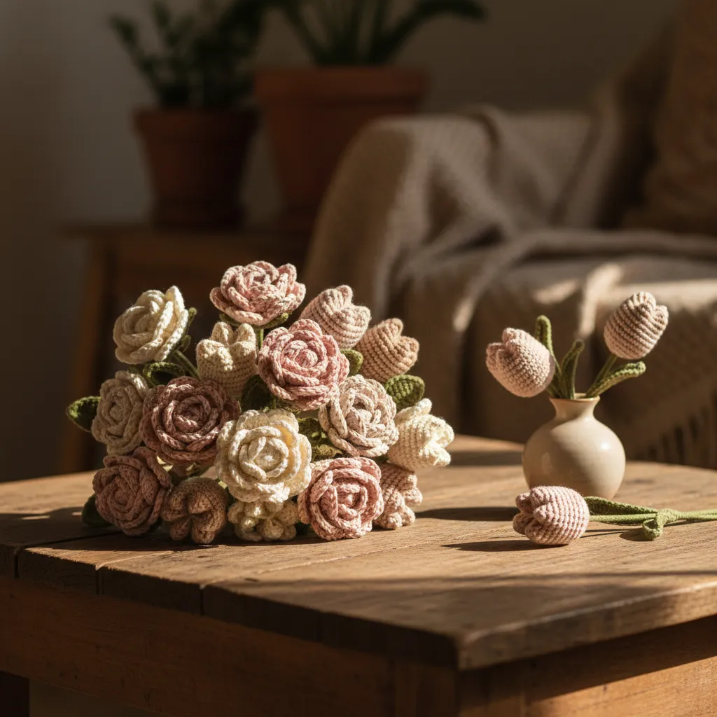flores de crochê em buquê delicado para presente de Dia das Mães