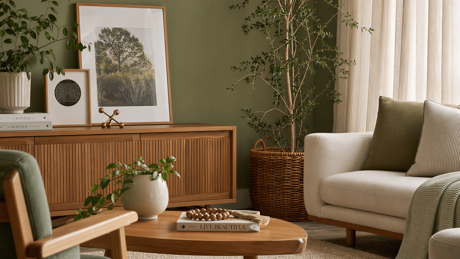 Sala com parede verde sálvi e móveis de madeira