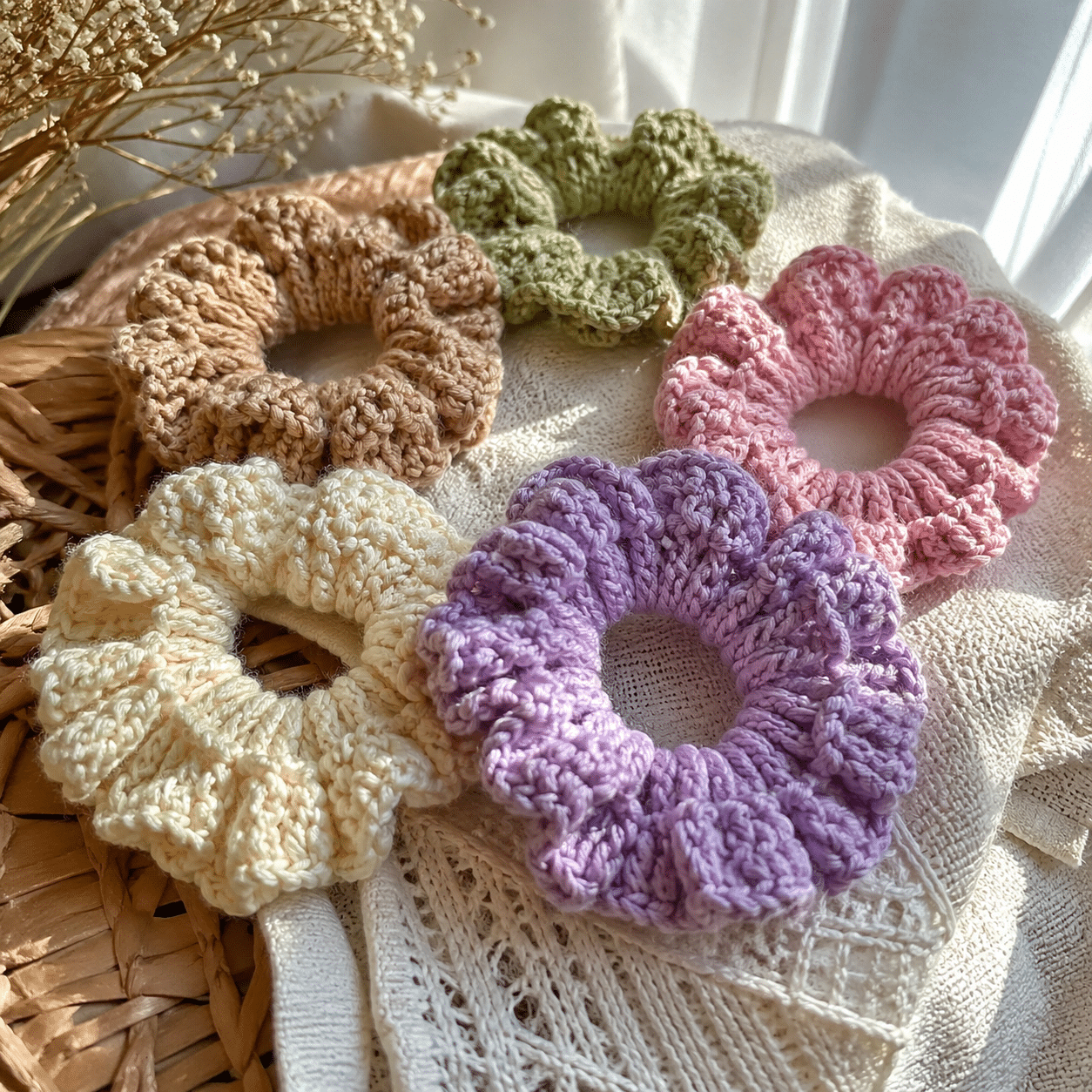 scrunchies de crochê feitos à mão em cores suaves sobre mesa