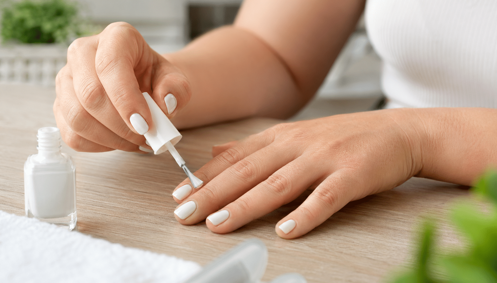 Muljer aplicando esmalte branco
