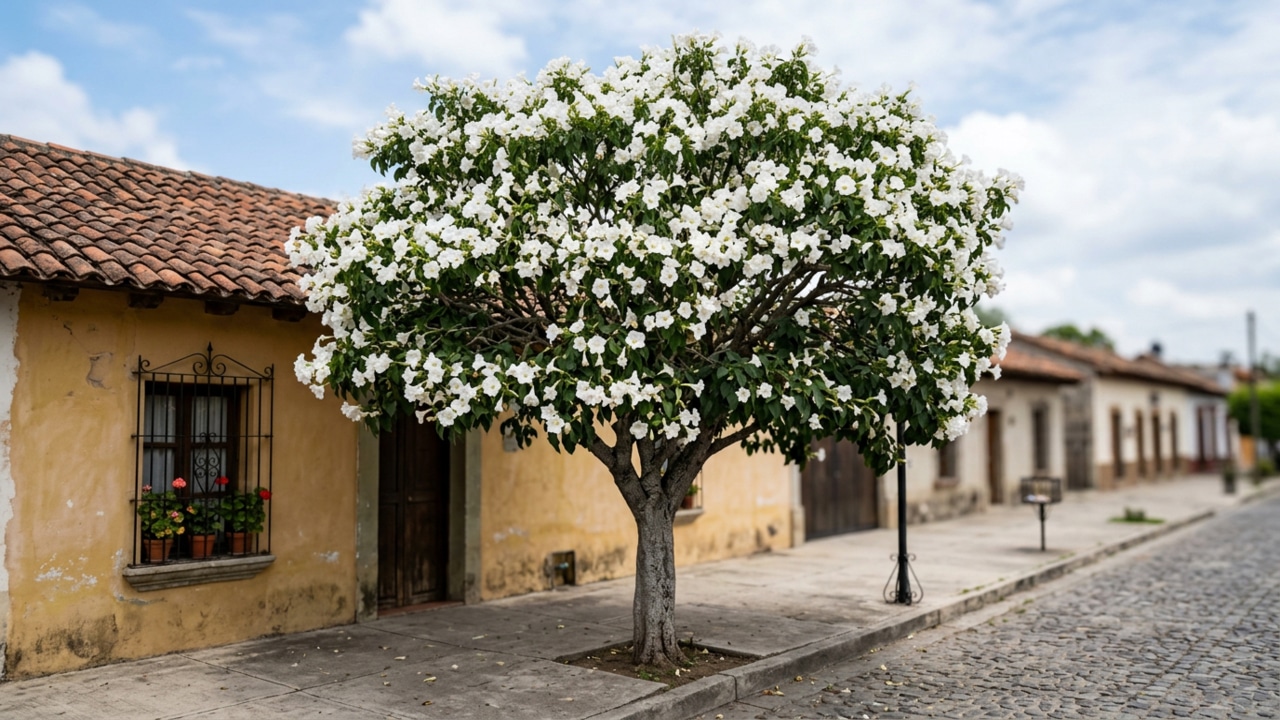 Árvore cazahuate com flores brancas em calçada residencial