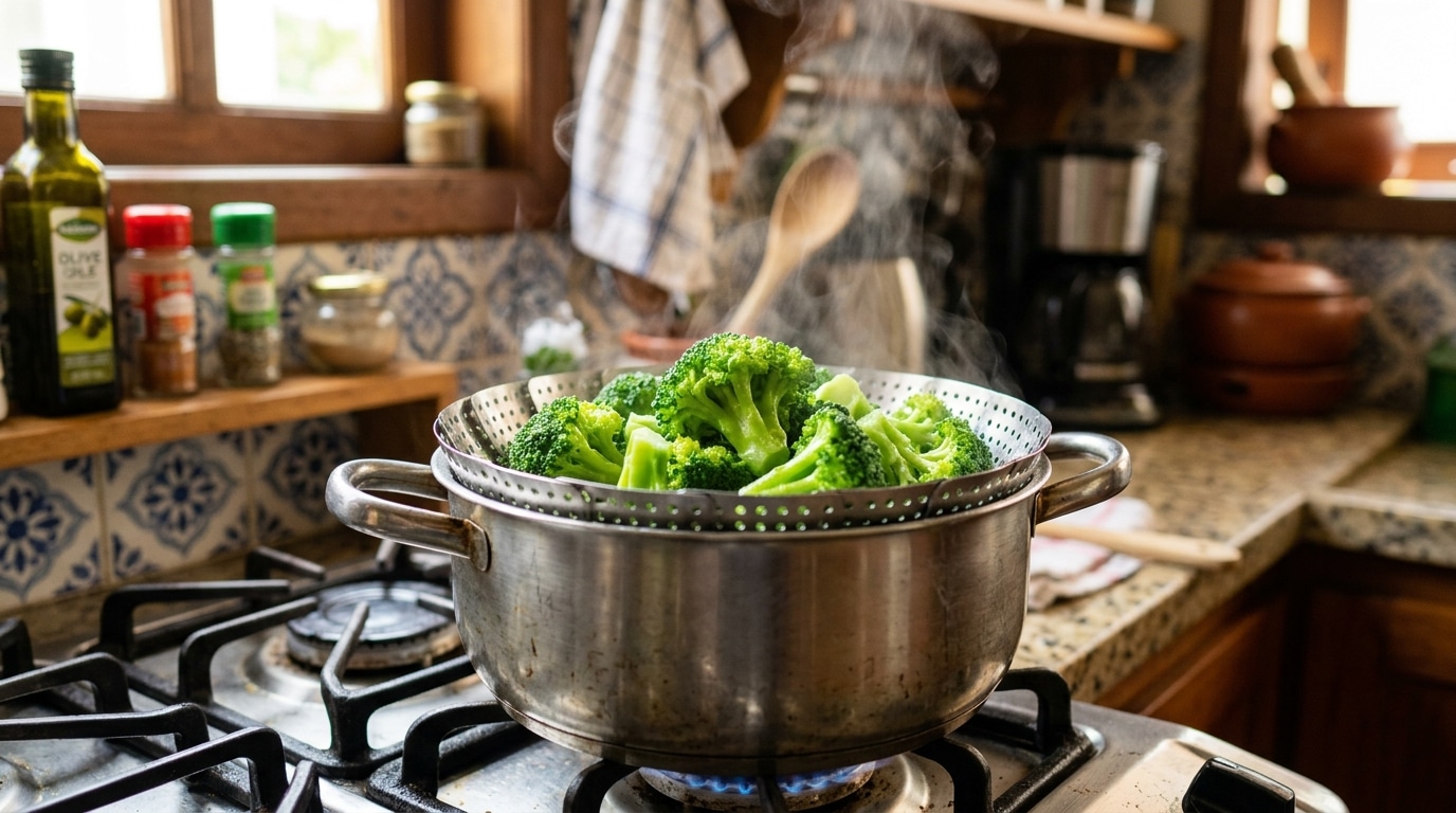 Flores de brócolis com coloração verde vibrante cozinhando dentro de um cesto de cozimento a vapor acoplado a uma panela de inox no fogão. Um denso vapor sobe em meio a uma cozinha com azulejos decorados e utensílios ao fundo.