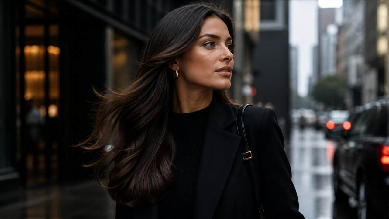 Mulher com cabelo brilhante e hidratado caminhando na cidade úmida