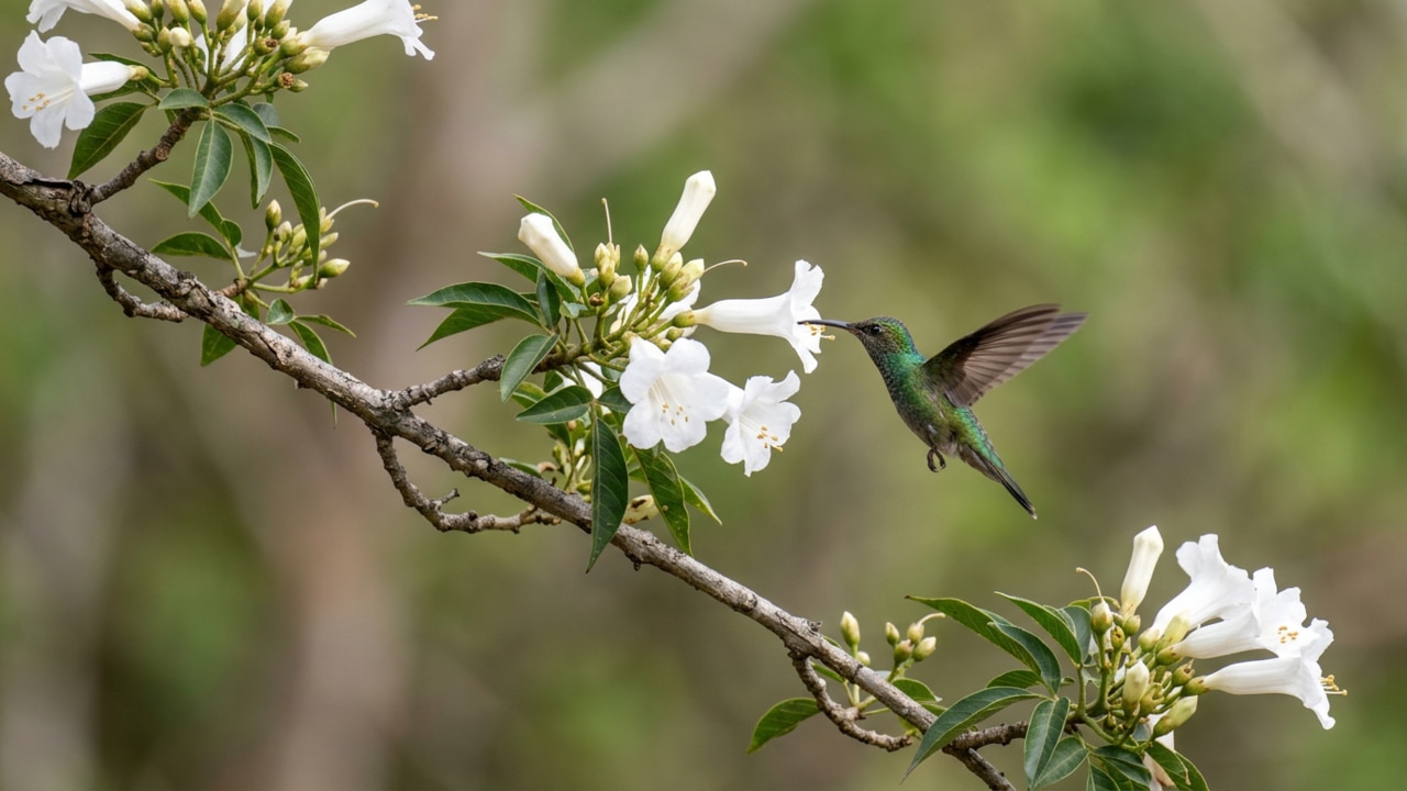 Beija-flor se alimentando em flores brancas do cazahuate