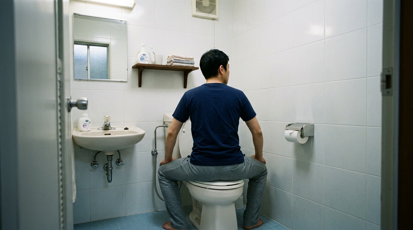 Homem usando vaso sanitário virado para a descarga