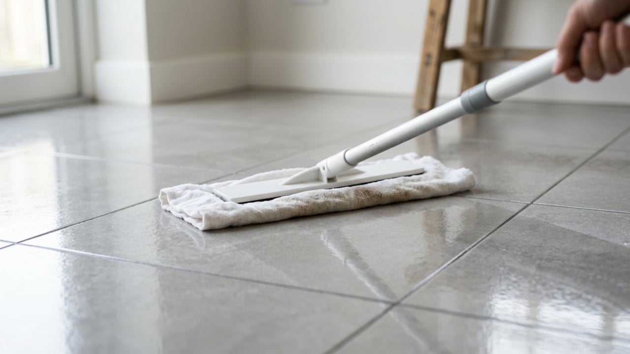 Pano limpando piso cerâmico com brilho após uso de água com sal