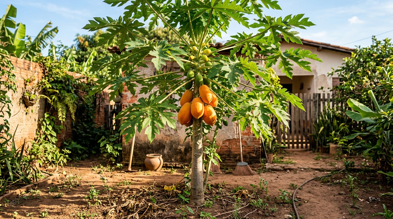 Pé de mamão com frutos maduros em quintal doméstico ensolarado