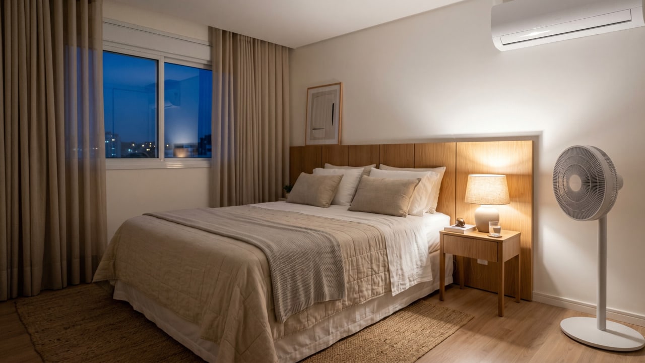 Quarto com ar condiconado e ventilador para refrescar no calor