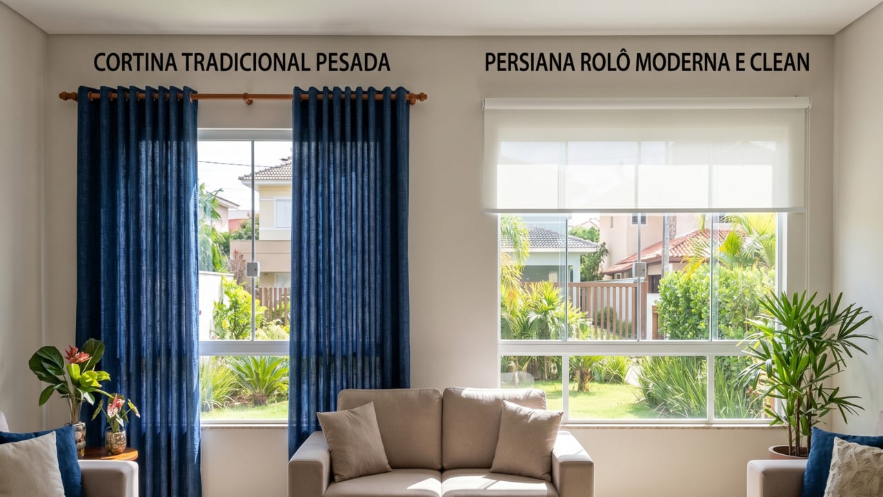 Sala de casa com cortina tradiconal na esquerda e opção moderna de painel na direita em comparação