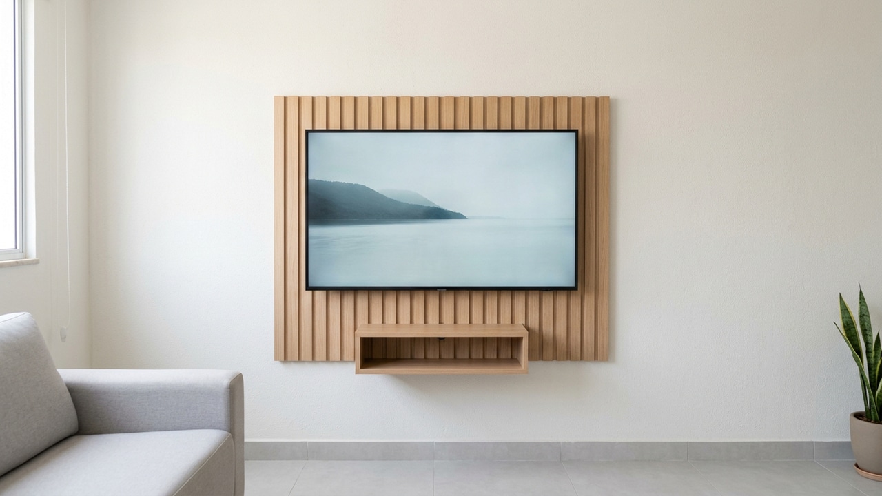 TV em painel com pequena prateleira substituindo rack