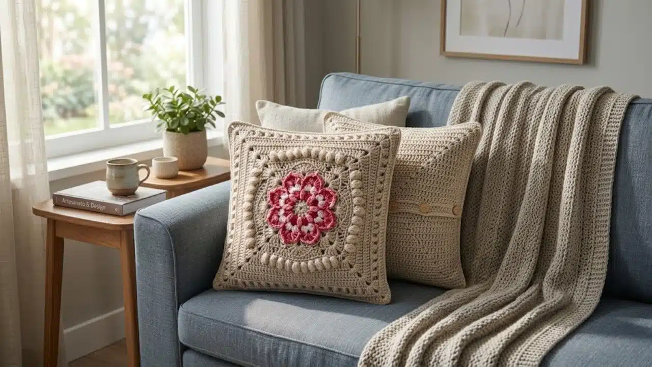 Almofada de Crochê Cerejeira renova salas no Inverno 2026 para crocheteiras
