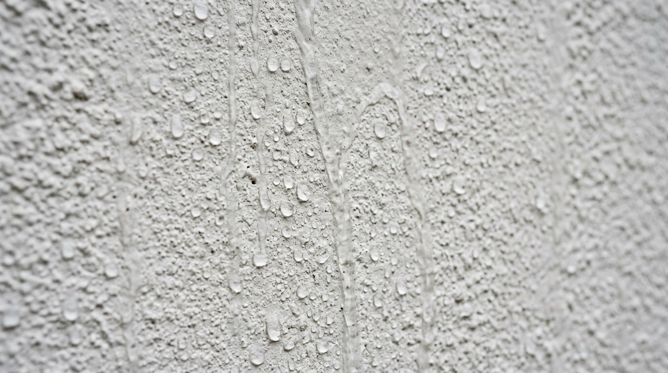 Close-up de uma parede branca com textura rústica, evidenciando o efeito hidrofóbico onde dezenas de gotas de água repuxam e escorrem sem serem absorvidas pela superfície.