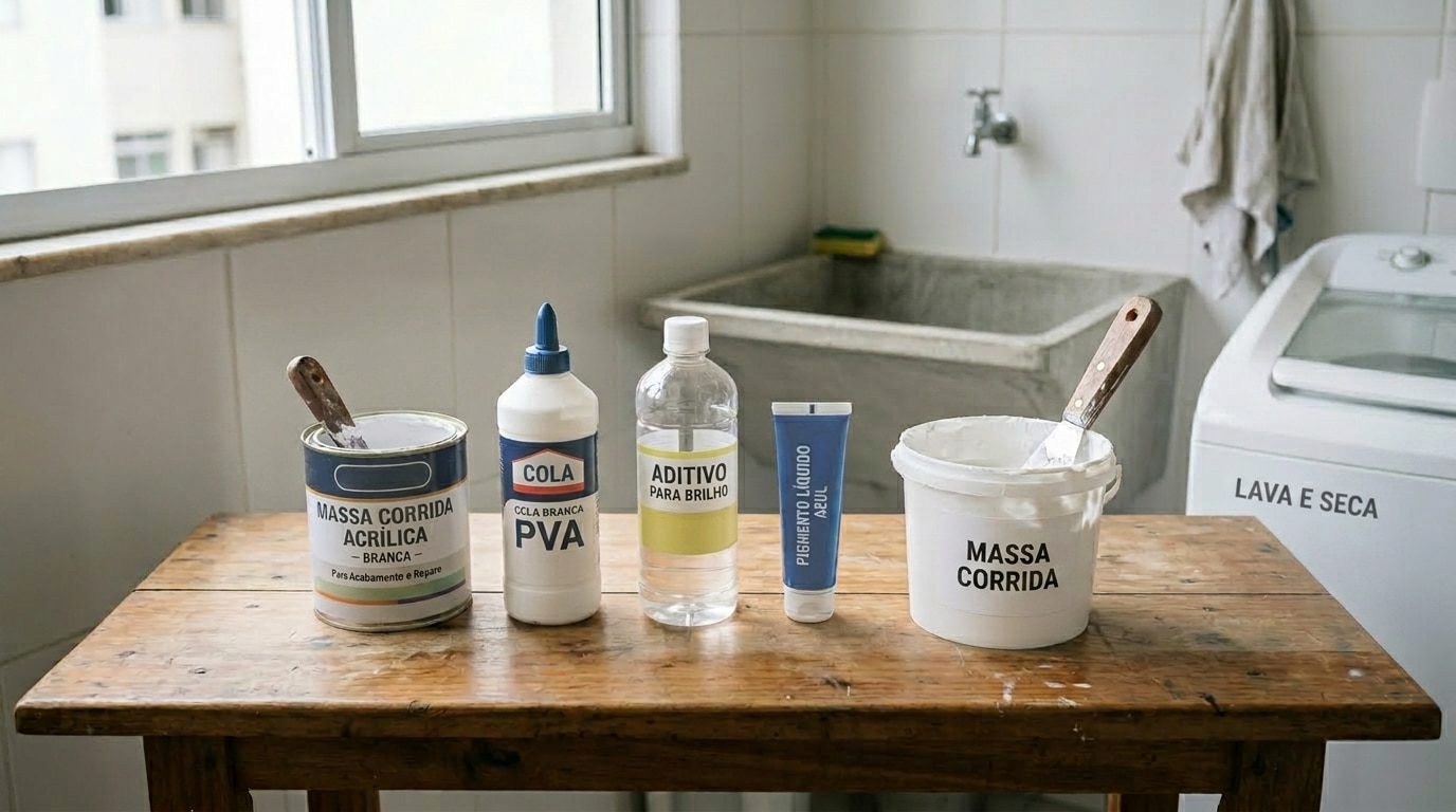 Lata de massa corrida acrílica, frasco de cola PVA branca, garrafa de aditivo para brilho, tubo de pigmento líquido azul e balde de massa corrida comum dispostos sobre uma mesa rústica de madeira em uma área de serviço.