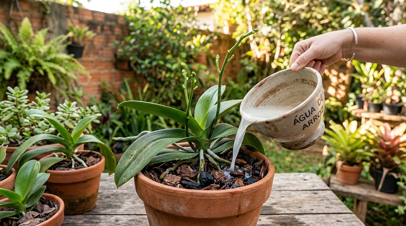 Orquídea em vaso sendo regada com água de arroz, com folhas verdes e novas hastes surgindo