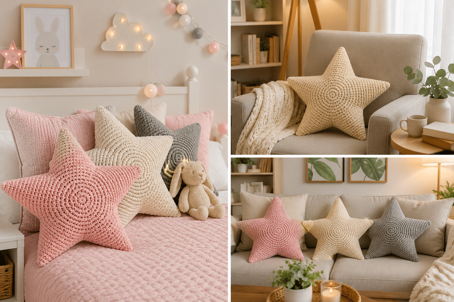 Colagem com três ambientes decorados com almofadas de crochê em formato de estrela. As peças aparecem em um quarto aconchegante, em uma poltrona de leitura e em um espaço infantil, destacando o charme do crochê na decoração.