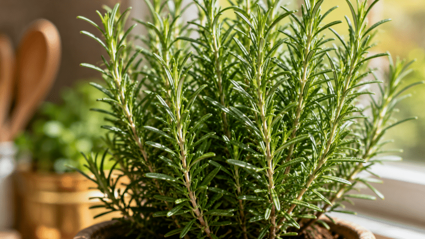 Close-up de alecrim verde em vaso dentro da cozinha, com ramos frescos e folhas finas iluminadas pela luz natural da janela.