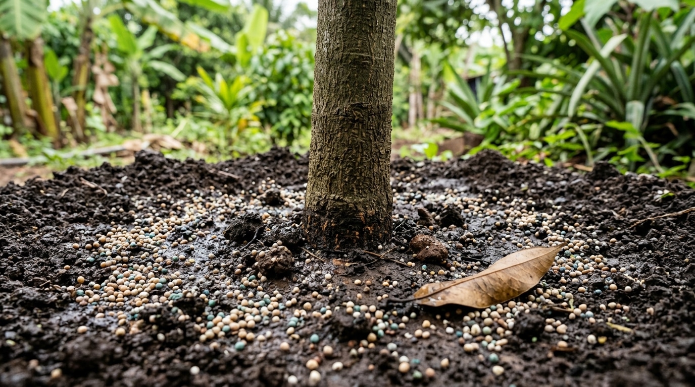 Base do tronco de uma árvore cercada por terra escura e úmida, salpicada com pequenos grânulos coloridos de adubo e uma folha seca caída.