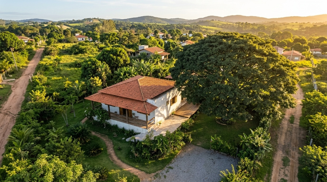Vista aérea capturada por drone durante o final de tarde (golden hour), revelando uma casa de telhado cerâmico isolada na natureza. Uma árvore Oiti gigantesca cobre quase metade da propriedade com sua copa arredondada. O cenário ao redor exibe colinas e uma vegetação exuberante.